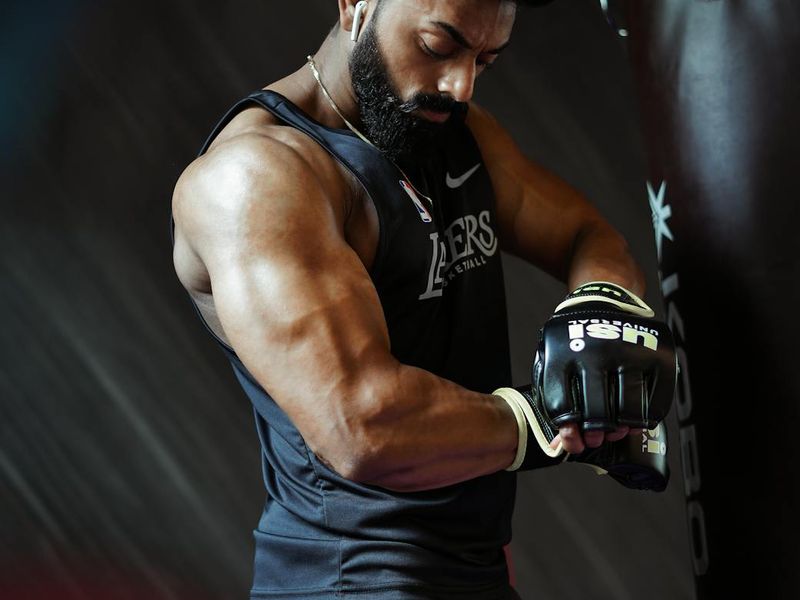 Man in a focused stance preparing for an exercise.